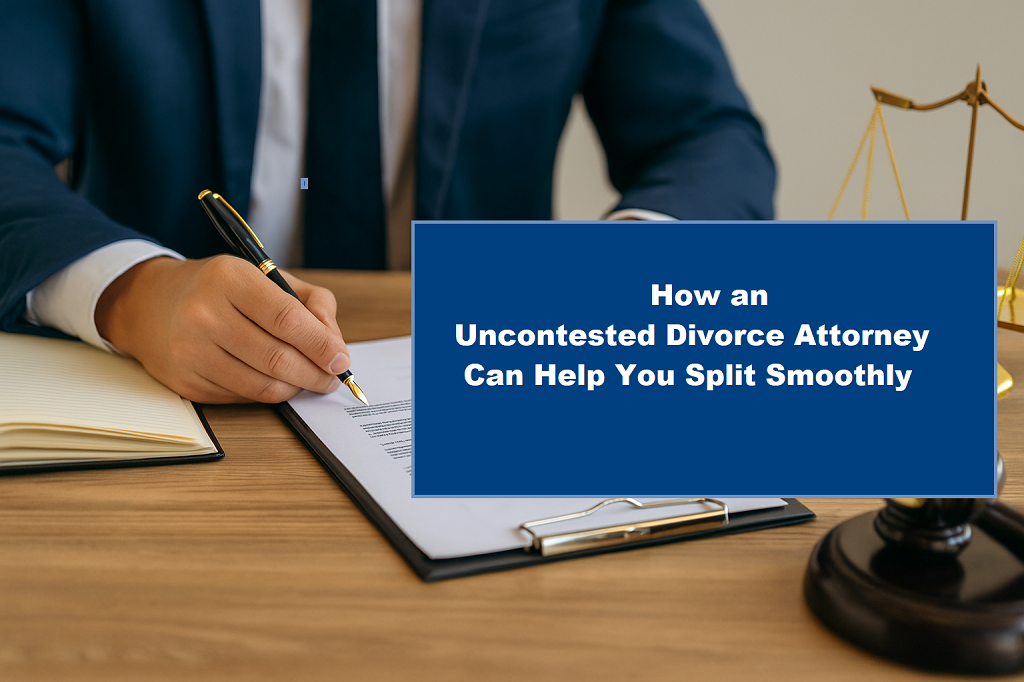 Lawyer in suit signing divorce papers next to gavel and scale.