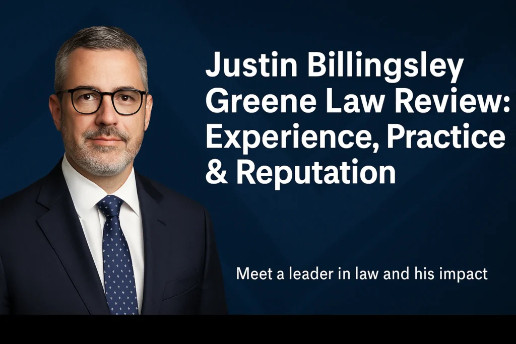 Justin Billingsley in a suit next to the title “Greene Law Review: Experience, Practice & Reputation