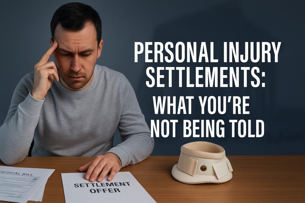 Injured person reviews legal documents and bills for a personal injury settlement case.