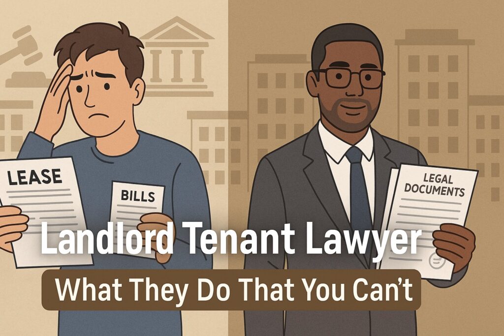 A tenant looks stressed over rental papers as a lawyer reviews legal forms with confidence, showing the need for expert help.