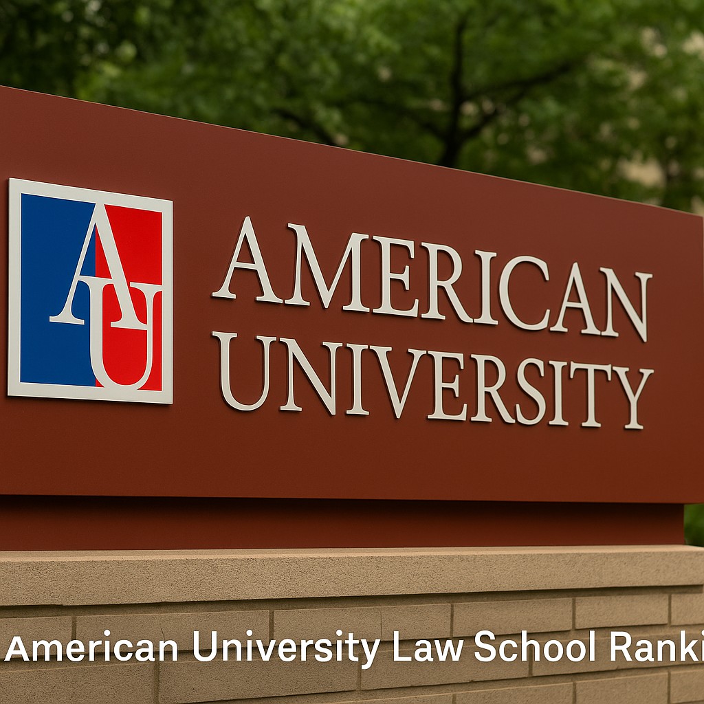 American University sign showing logo and campus name on a maroon plaque in front of trees