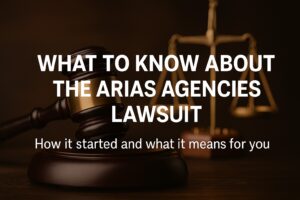 Modern legal-themed image with a judge’s gavel and brass balance scales, with bold text, “What to Know About the Arias Agencies Lawsuit