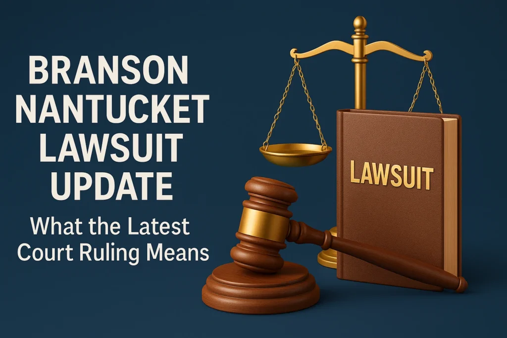 3D image of legal gavel, justice scale, and lawsuit book representing Branson Nantucket court ruling