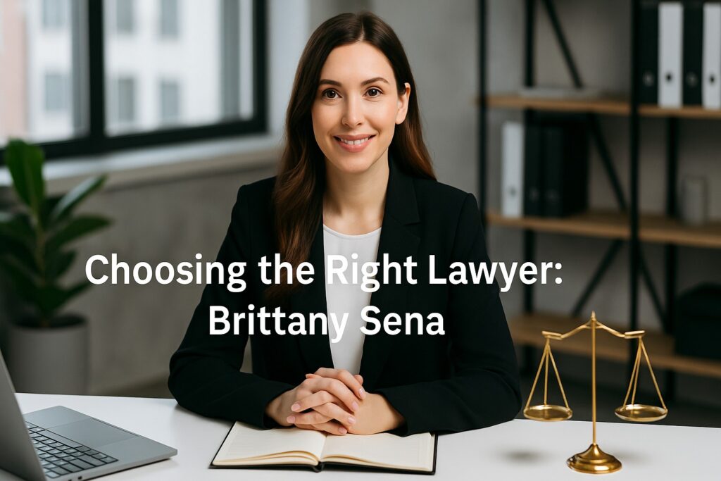 Professional portrait of attorney Brittany Sena in a modern office with a laptop, open notebook, and gold balance scale on the desk.