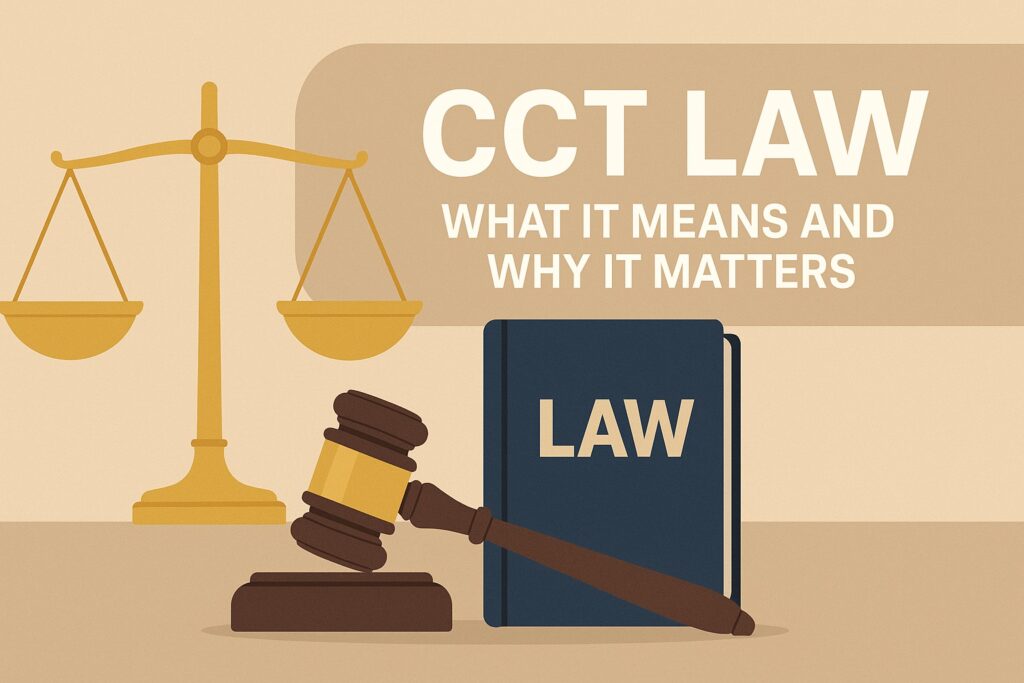 Horizontal legal banner with scales of justice, gavel, and law book illustrating CCT law.