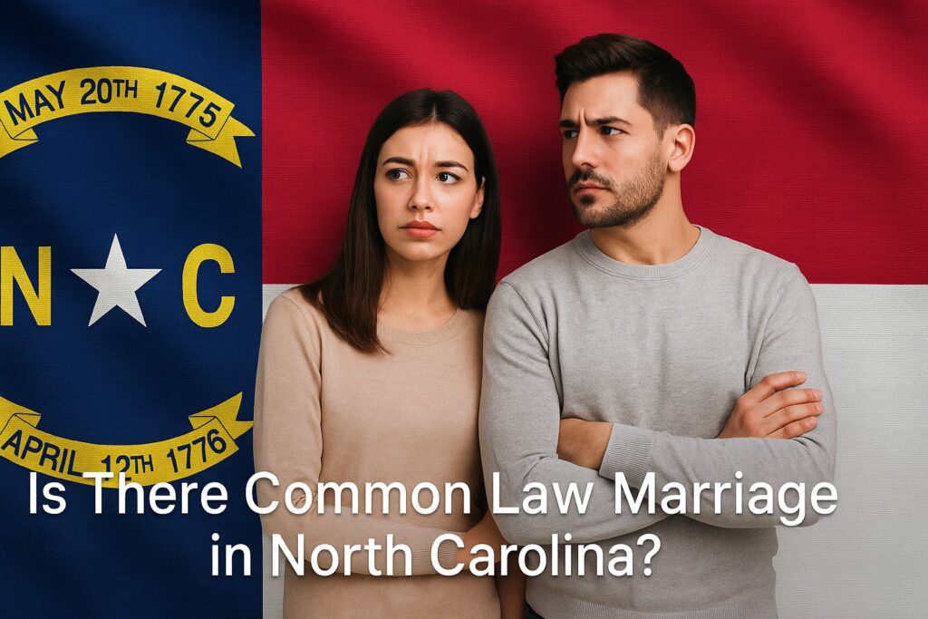 Young couple stands in front of North Carolina flag looking uncertain.