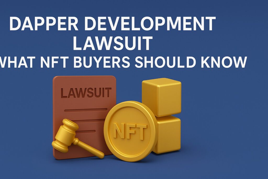 3D illustration of NFT lawsuit with gavel and digital coin graphics