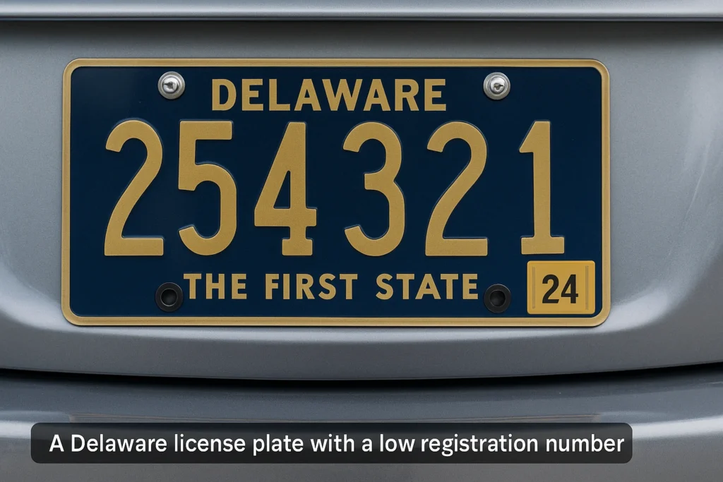 Close-up of a Delaware license plate showing gold numbers on a blue background