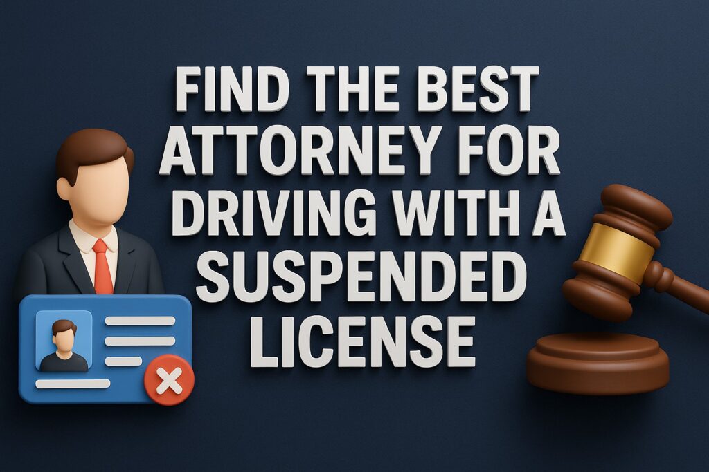 3D image of a lawyer figure, a suspended license card, and a judge’s gavel with bold modern text “Find the Best Attorney for Driving with a Suspended License” on a dark blue background.