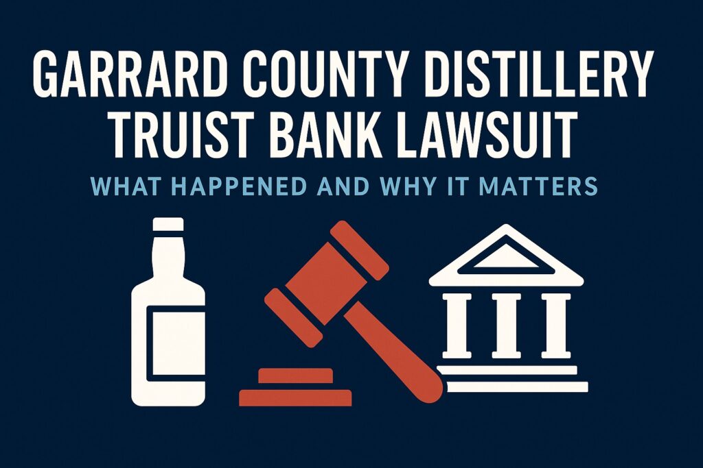 Image showing icons of a whiskey bottle, gavel, and bank building with text "Garrard County Distillery Truist Bank Lawsuit"