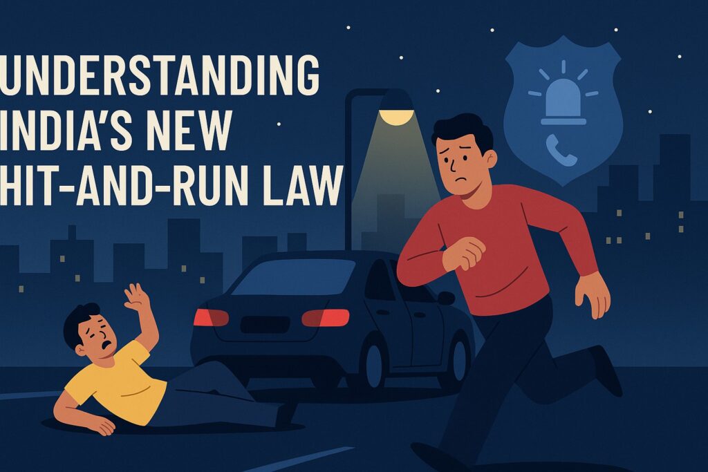 Digital illustration of a nighttime city street showing a driver fleeing an accident while an injured person lies on the road, with the headline “Understanding India’s New Hit-and-Run Law.”