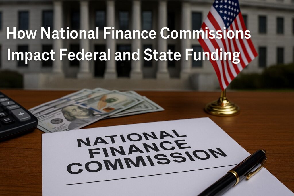 Document labeled “National Finance Commission” on a desk with money, pen, calculator, and U.S. flag