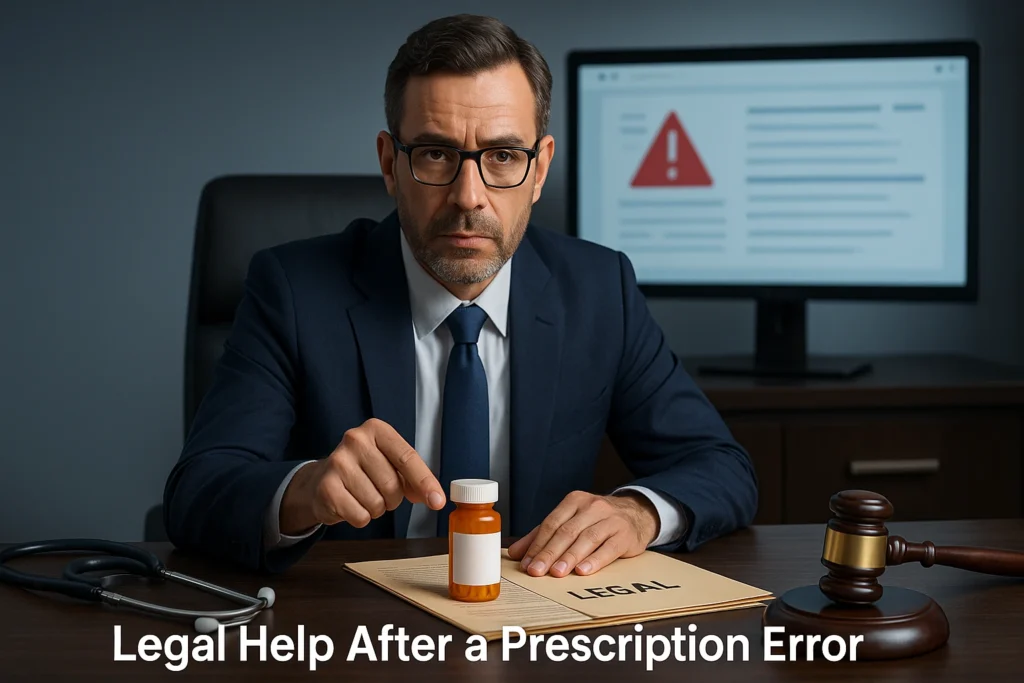 lawyer with prescription bottle, legal file, and medical warning chart