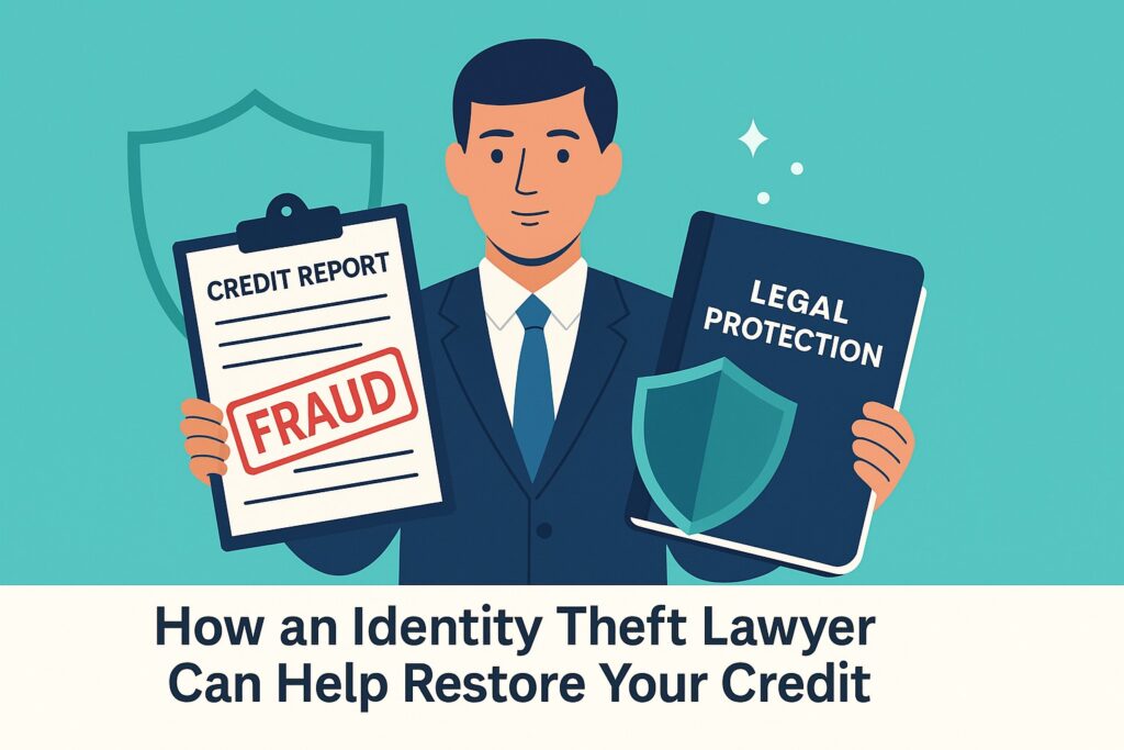Flat-style image of a lawyer holding a fraud-stamped credit report and legal protection folder