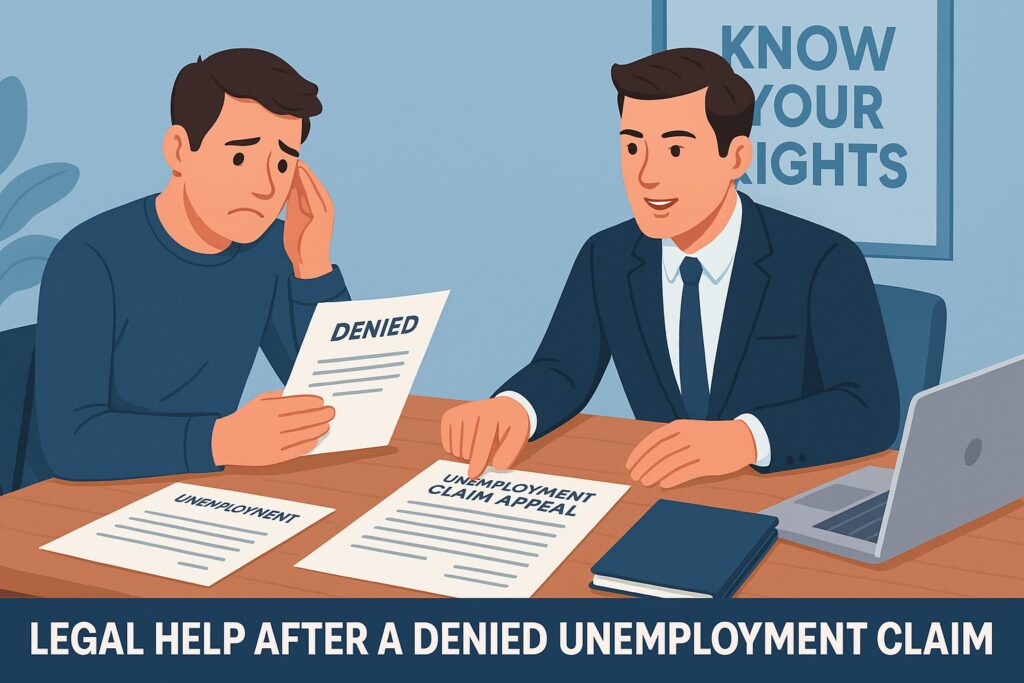 A lawyer explains unemployment appeal options to a person reviewing denied claim papers