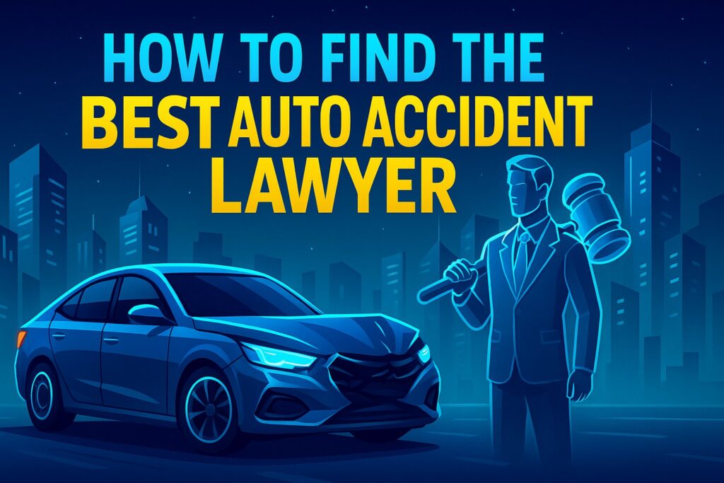 3D futuristic illustration with a damaged car, digital lawyer figure with gavel, and cityscape, for an auto accident lawyer guide.