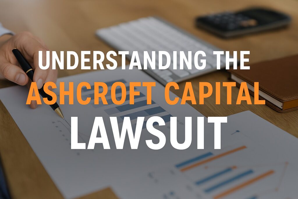 Photograph of a hand with a pen over investment charts, with bold text “Understanding the Ashcroft Capital Lawsuit” overlay.