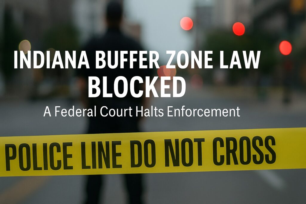 Police line tape in front of blurred officer with text on court ruling