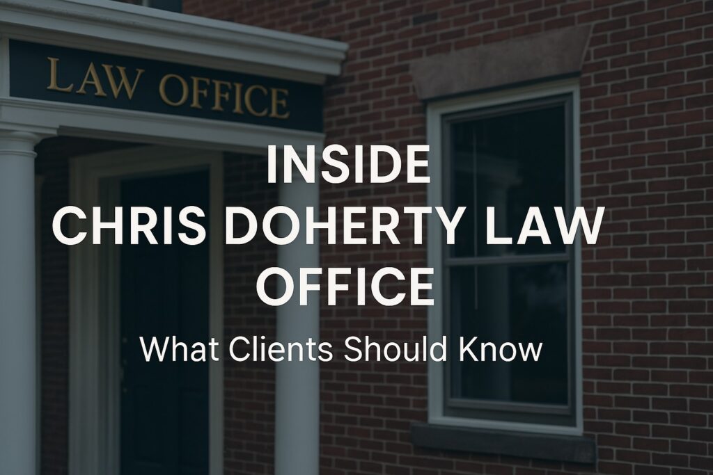 Front of Chris Doherty Law Office with modern sign, brick building, and large white text “Inside Chris Doherty Law Office: What Clients Should Know
