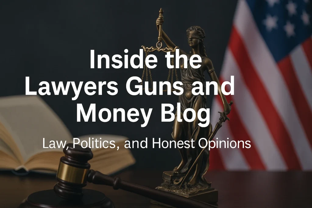 Image showing Lady Justice, an open law book, a gavel, and an American flag, with the title "Inside the Lawyers Guns and Money Blog"