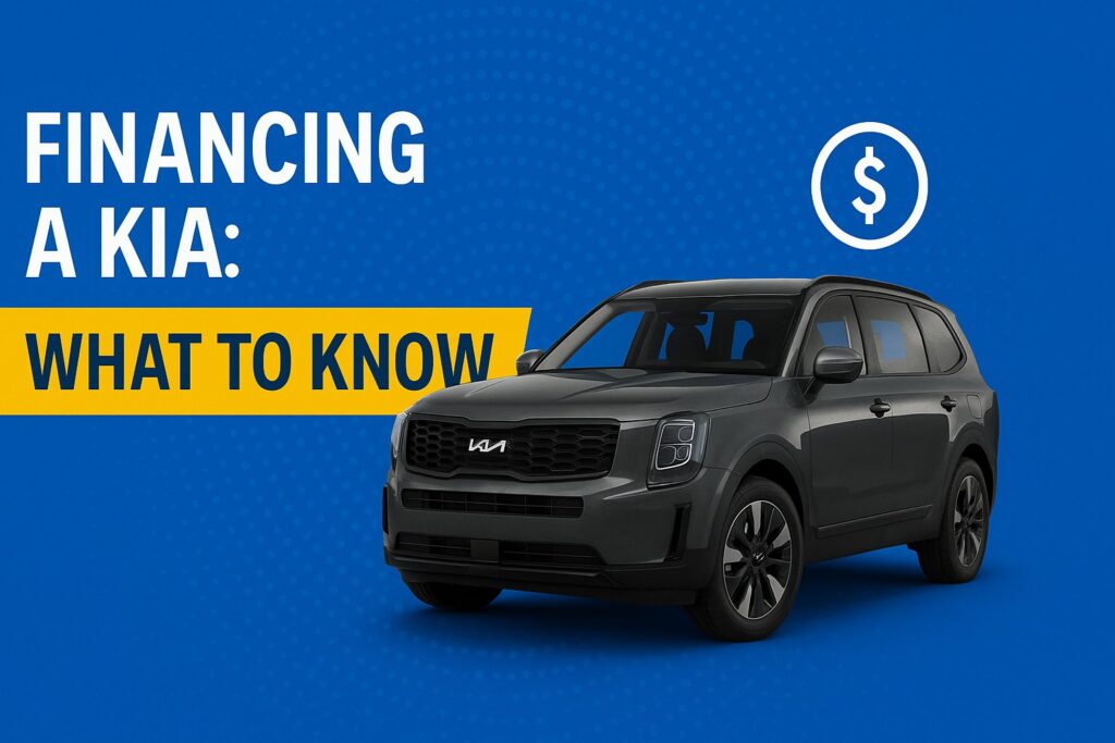 Dark gray Kia SUV with text overlay “Financing a Kia: What to Know” on a modern blue background