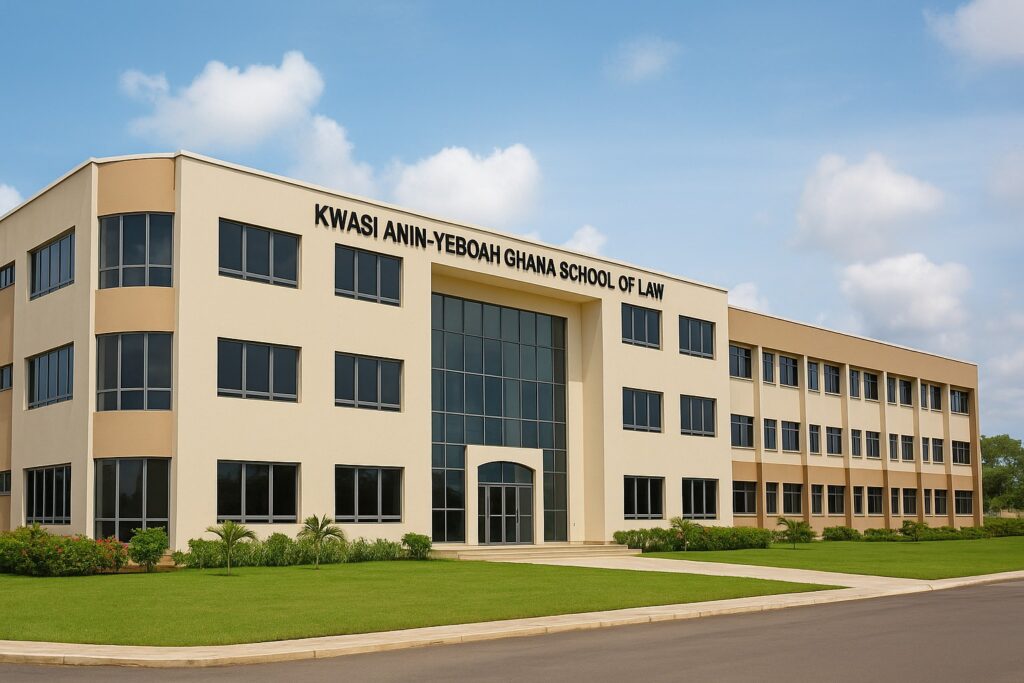 Front view of the Kwasi Anin-Yeboah Ghana School of Law with clear skies and green lawn