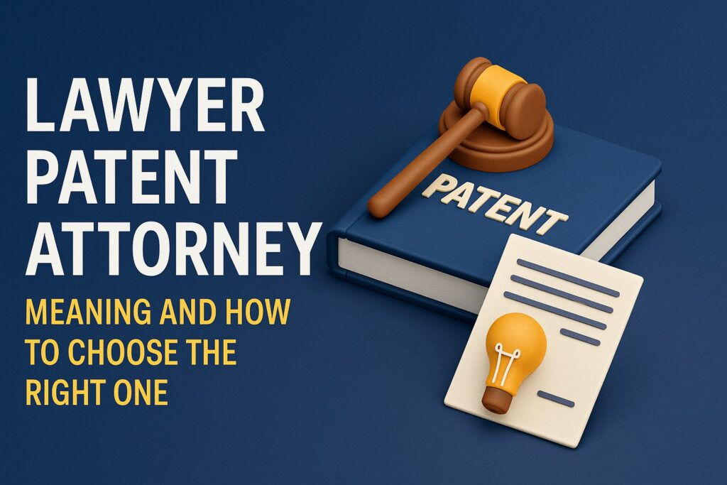3D image showing a patent law book, gavel, and light bulb with text “Lawyer Patent Attorney”