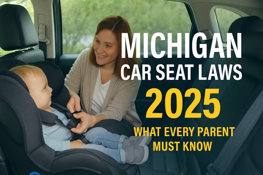 A mother secures her child in a rear-facing car seat with text highlighting Michigan’s 2025 car seat laws