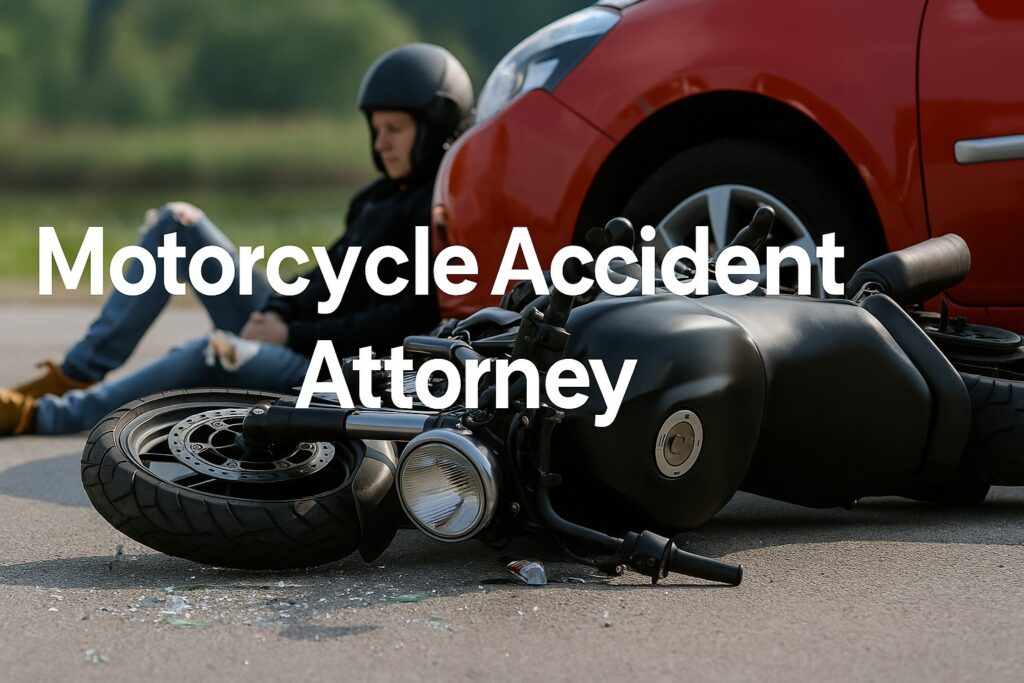 Damaged motorcycle on road beside injured rider and red car