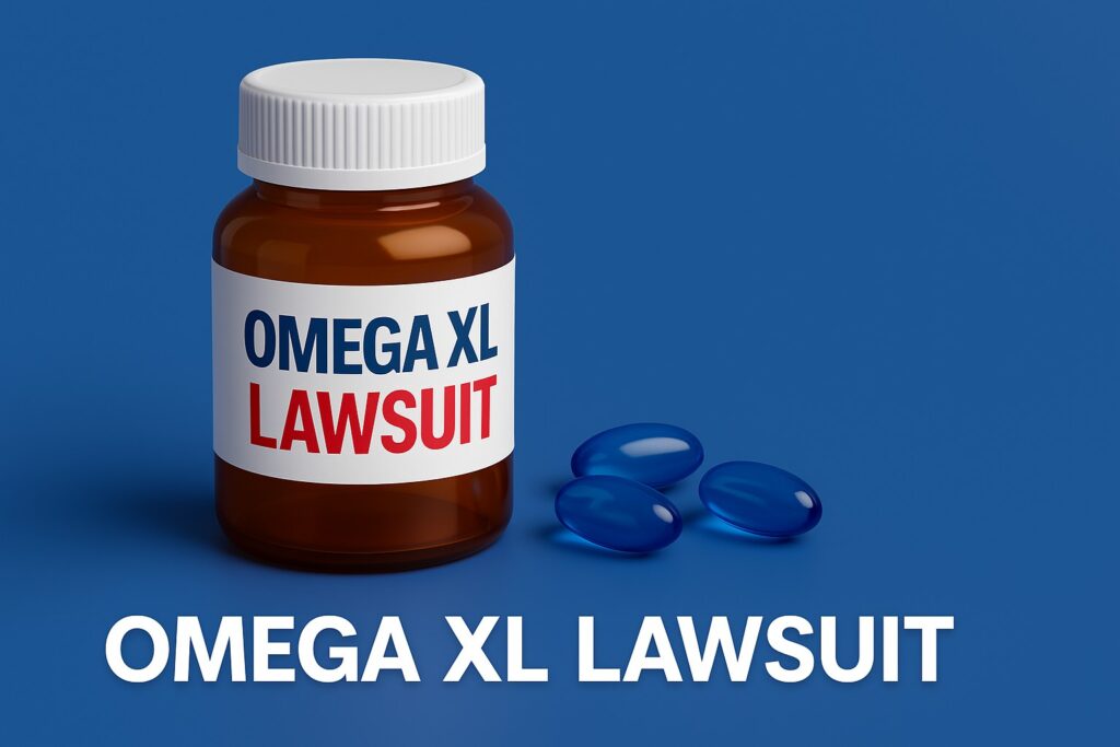 3D bottle labeled “Omega XL Lawsuit” with blue omega capsules on a blue background