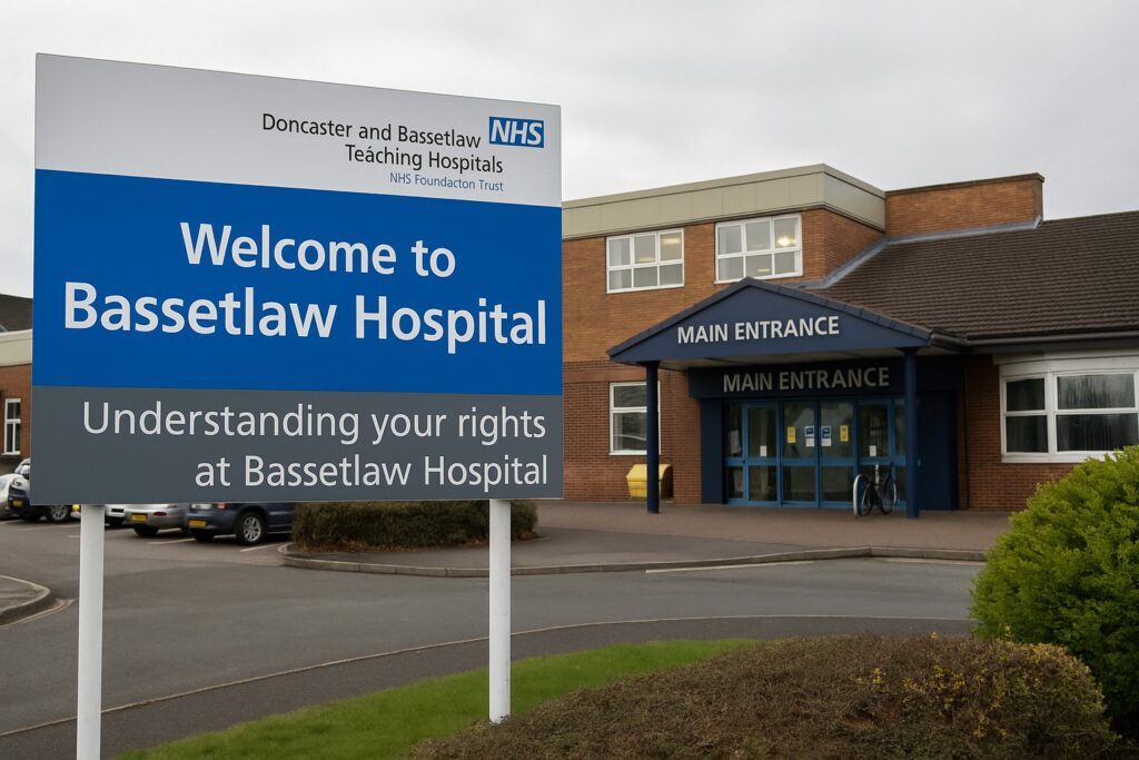 Bassetlaw Hospital entrance with welcome sign about patient rights