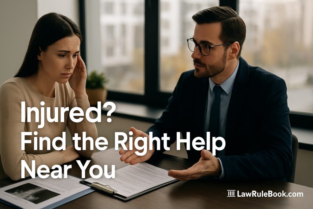 A personal injury attorney talks with a client in a modern office about an accident case.