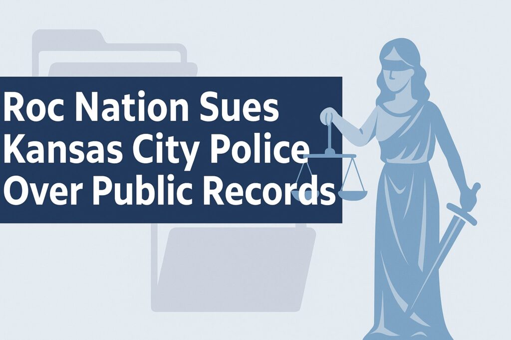 Horizontal news graphic showing Roc Nation headline with Lady Justice and file icons