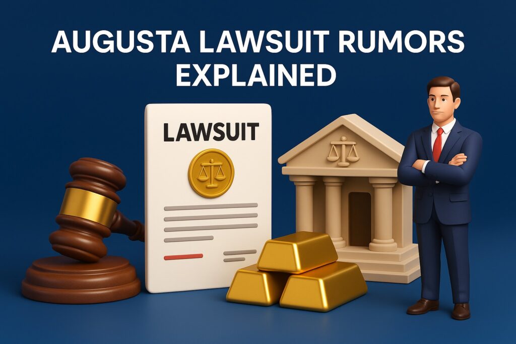 3D render of lawsuit document, gold bars, gavel, courthouse, and businessman