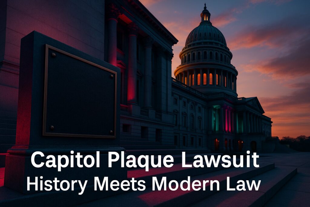 State capitol building with metal plaque, modern lighting, and dramatic sunset