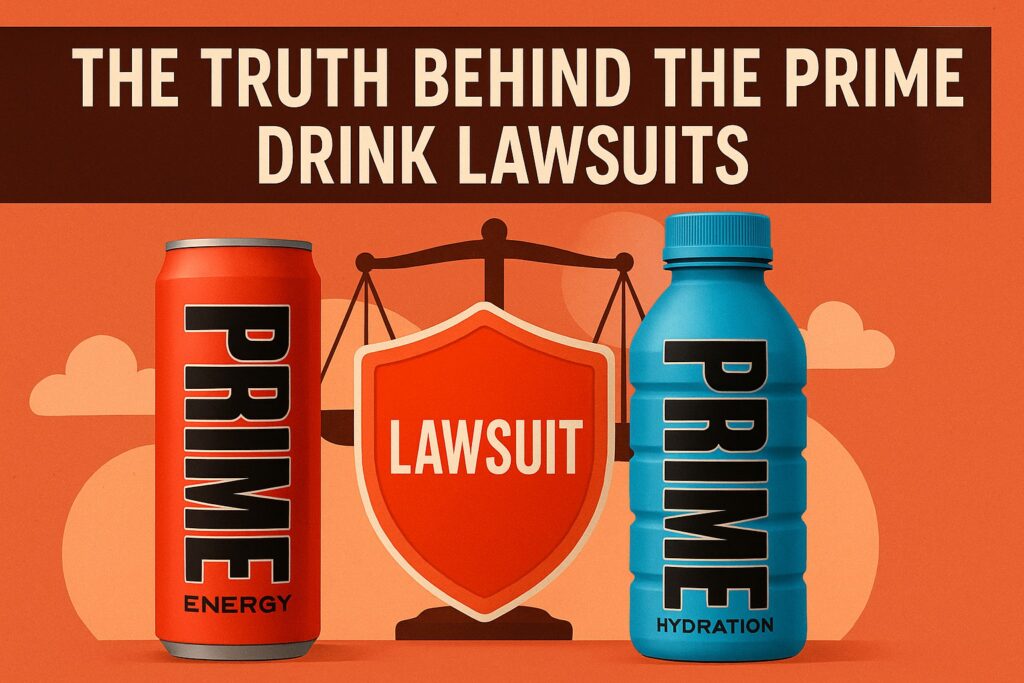 Prime Energy can, Prime Hydration bottle, and lawsuit shield with justice scale