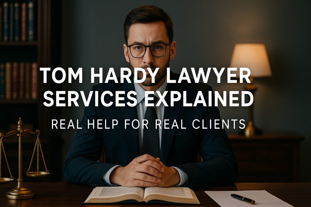 Professional lawyer Tom Hardy sitting at desk with legal books and balance scale