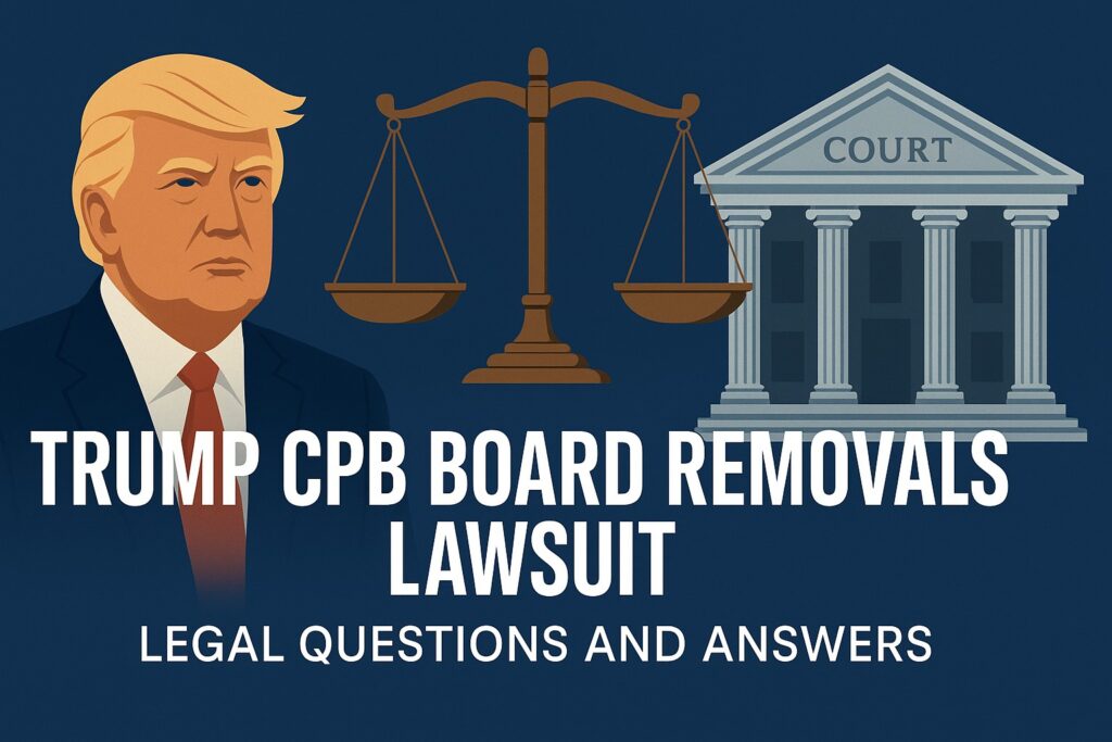 Illustration showing Donald Trump, courthouse, and legal scales tied to the CPB board removals lawsuit