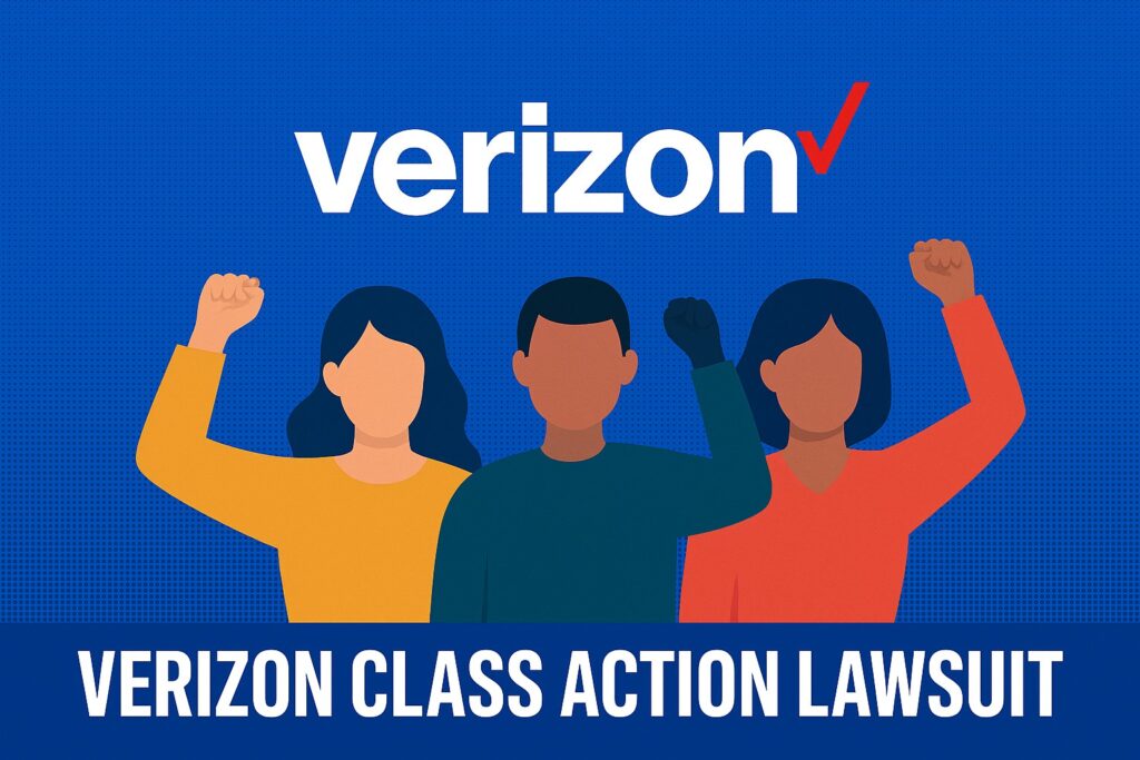Graphic showing Verizon class action lawsuit with people uniting for legal action