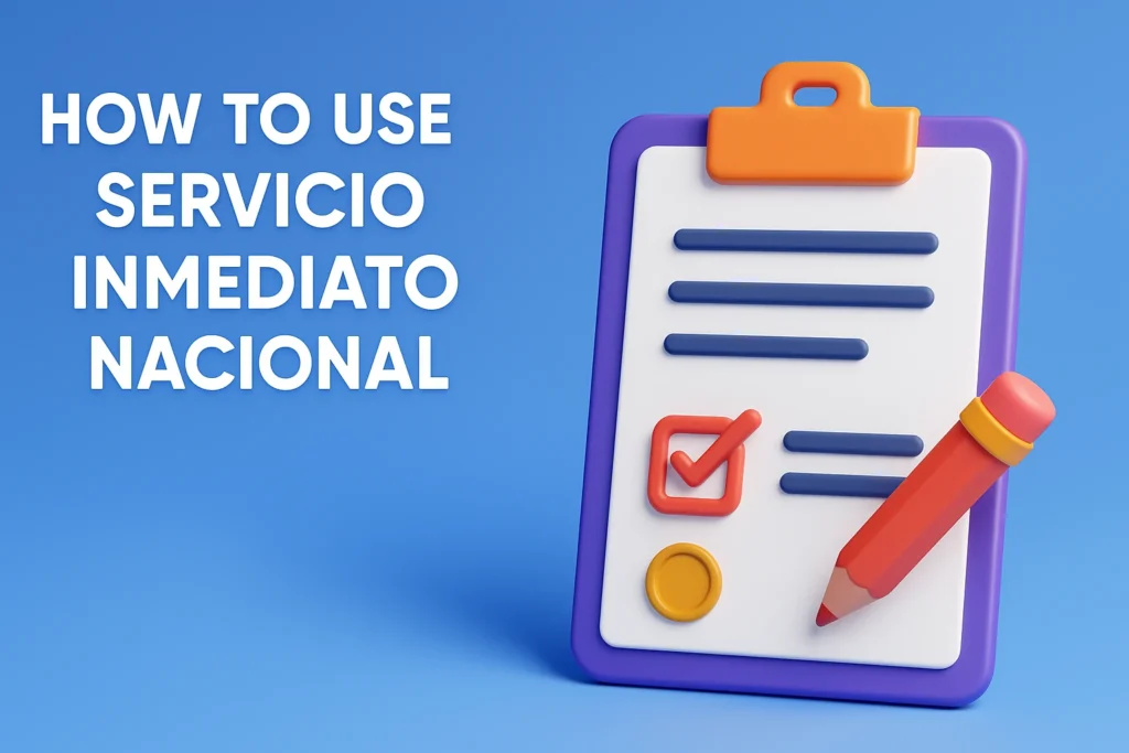 3D clipboard with legal checklist and pencil under bold text showing how to use Servicio Inmediato Nacional