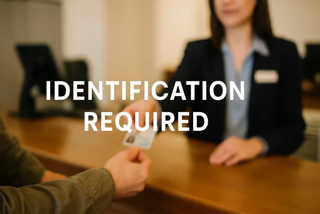 A person hands over an ID card to a staff member across a service desk with the words “Identification Required” in bold text
