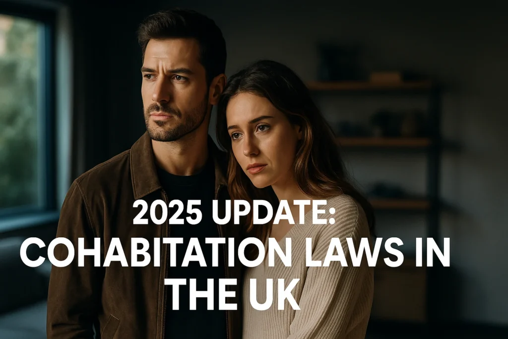 Concerned couple in modern living room reading about UK cohabitation law changes in 2025