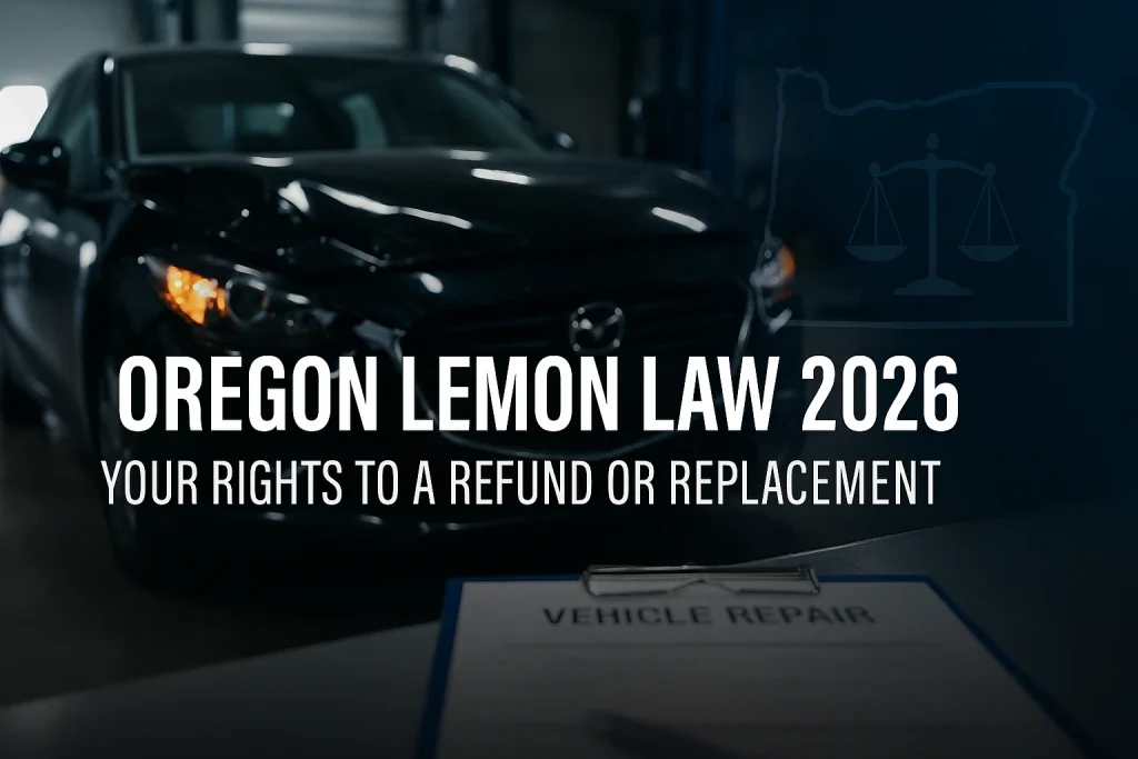 Oregon Lemon Law 2026 thumbnail showing a damaged car, repair documents, and legal scales with clear title text inside the image border
