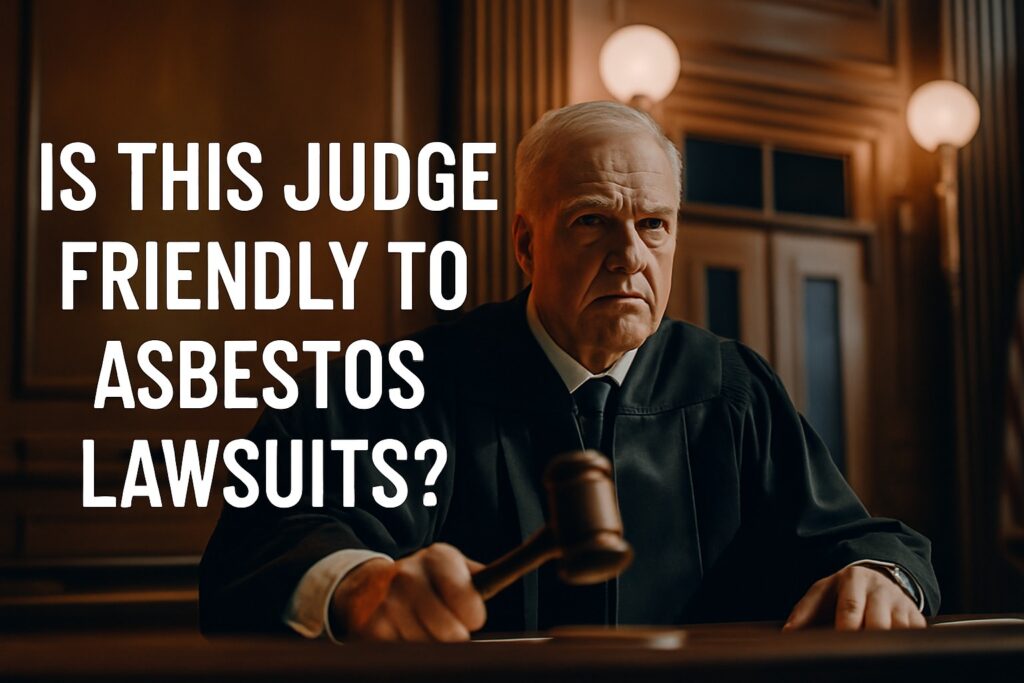 Cinematic photo of a judge in court with text asking if he is friendly to asbestos lawsuits