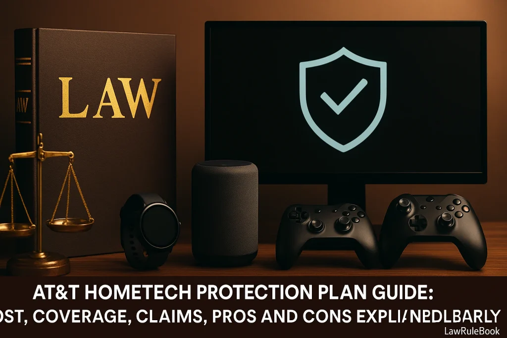 image showing a law book, golden justice scale, smart speaker, smartwatch, and game controller beside a monitor with a security shield icon.