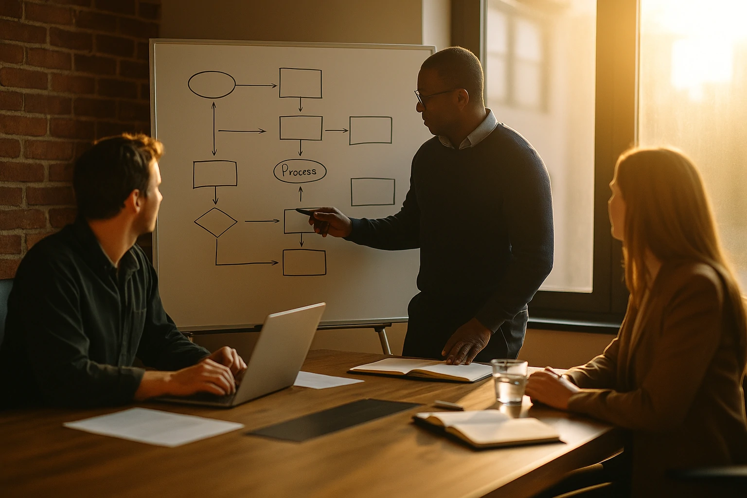 Three professionals review a process map on a large screen in a modern office with natural light, representing Pedrovazpaulo operations consulting services