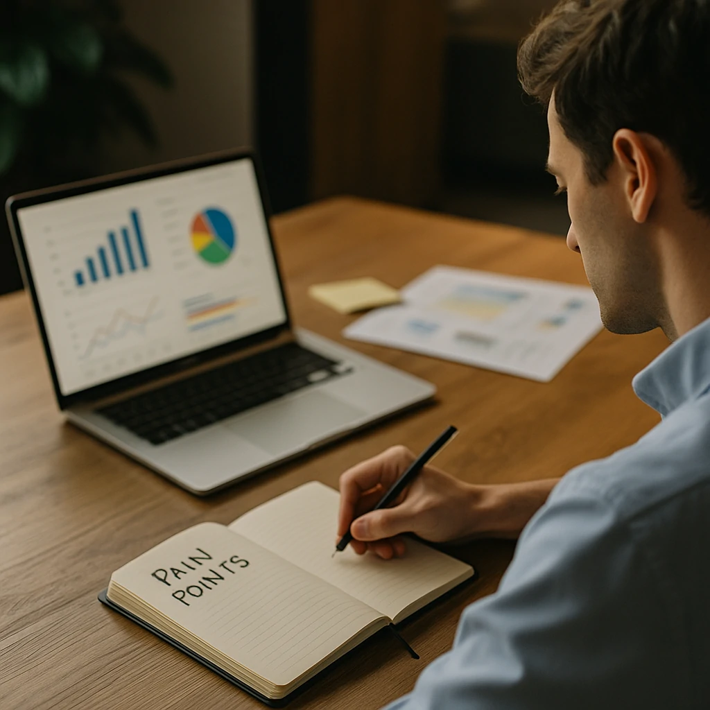 Man writing "Pain Points" in notebook with charts and graphs on laptop during business preparation