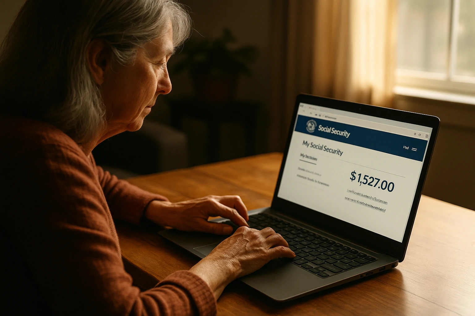 An older woman with light skin reviews Social Security payment details on a laptop in a sunlit living room.