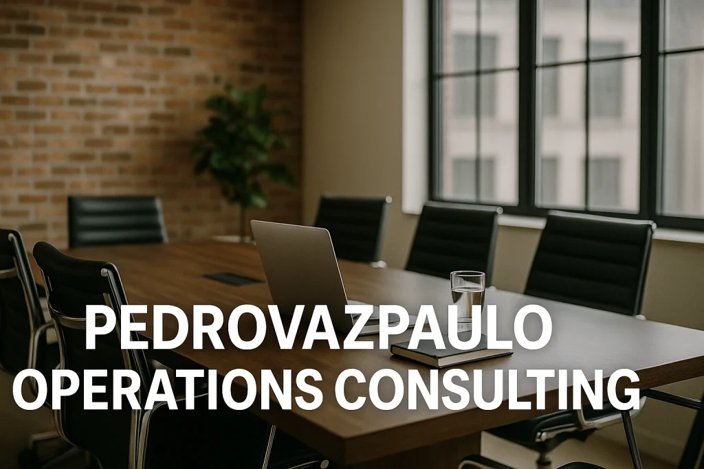 Modern boardroom setup with a laptop and glass on the table, representing Pedrovazpaulo Operations Consulting in a professional workspace