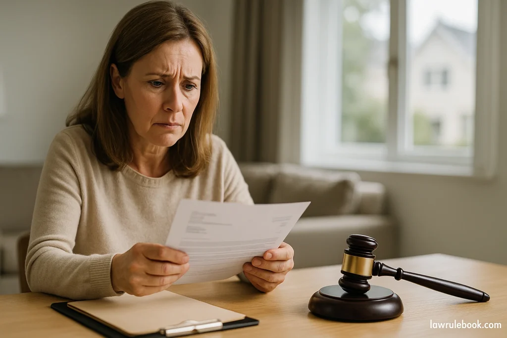 Concerned middle-aged woman reviewing paperwork related to a home insurance dispute.